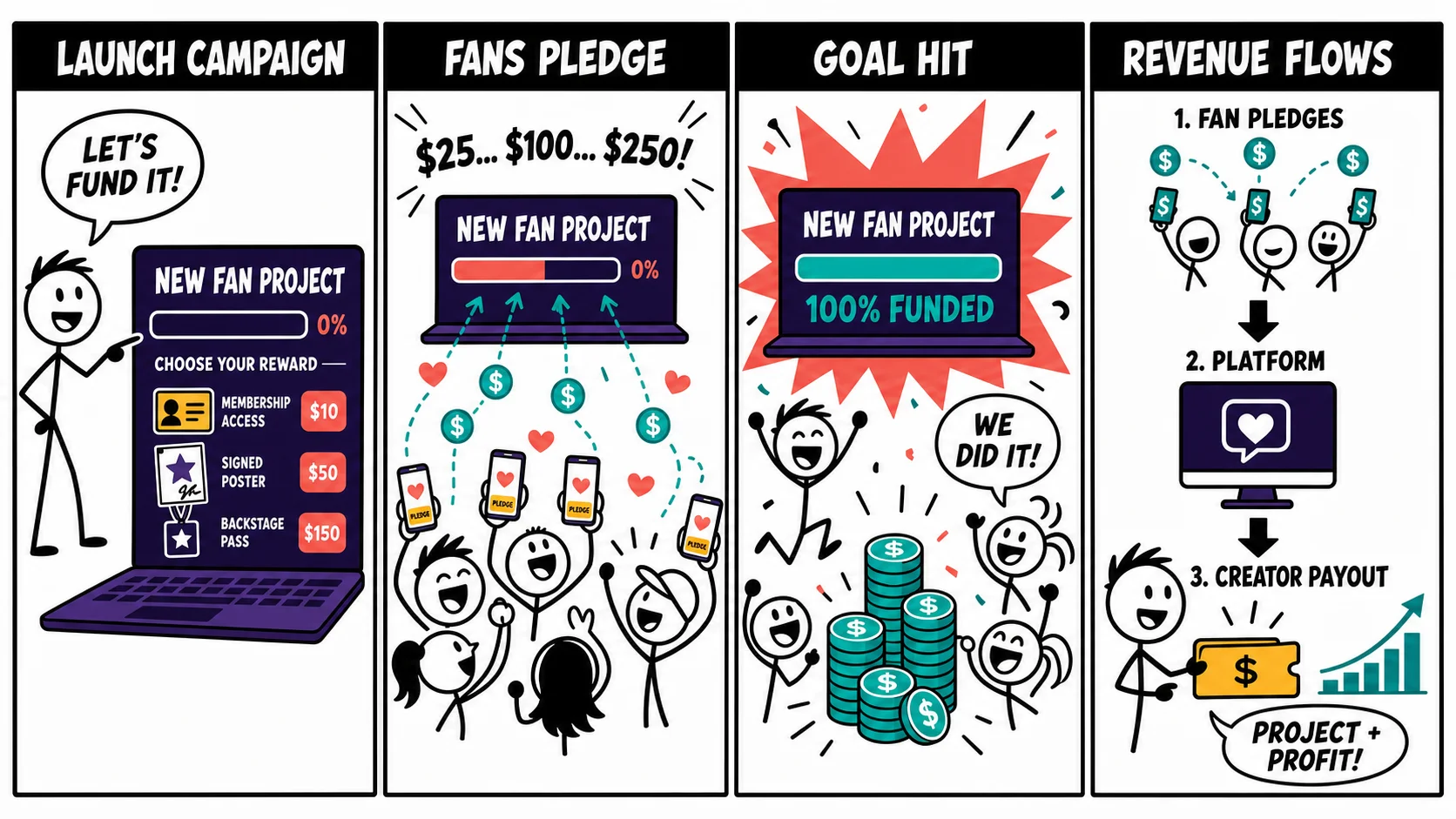 Crowdfunding flow: launch a campaign with reward tiers, fans pledge, the goal hits, and the platform routes revenue back to the artist